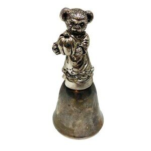 Vintage Silver Tone Dinner Bell Bear Figurine Metal Teddy + Fall Harvest Pumpkin